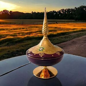 Ardalt Covered Dish Italy Gold Floral Amethyst Glass‎ Gold Handpainted Vintage.
